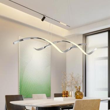 Imagem de Luminária pendente espiral de LED para cozinha, modelo linear, com 100 cm de comprimento, altura ajustável, temperatura de cor de 3000 a 6500K, controle remoto e design de lustre para sala d