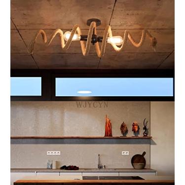 Imagem de Lustre vintage de corda retrô de cânhamo com 2 chamas, soquete E27, luminária pendente antiga estilo loft rústico industrial, altura ajustável, ideal para mesa de jantar, cozinha, sala de es