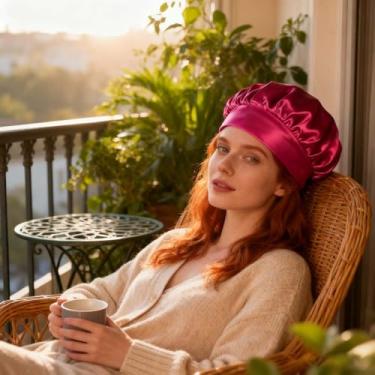 Imagem de Touca de seda de cetim vermelho para mulheres dormindo gorro de seda de camada dupla para dormir cabelo encaracolado tranças grande touca de dormir de cetim (vinho vermelho)