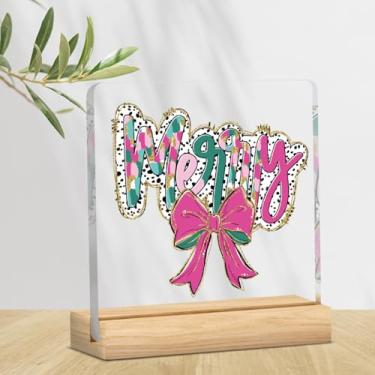 Imagem de Decoração de Feliz Natal rosa para decoração de Natal para prateleira de mesa rosa decoração de feliz natal para cornija decoração de placa de acrílico de Natal engraçada 10 x 10 cm
