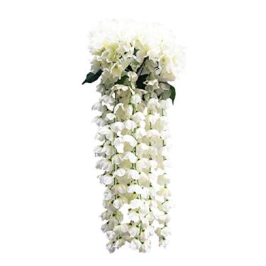 Imagem de Yalych Cesta de flores artificiais de parede violeta glicínias para pendurar guirlanda de pendurar decoração de casa flores artificiais para pendurar ao ar livre flores artificiais (cor: branco