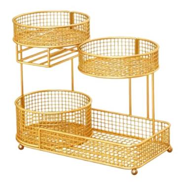 Imagem de IEUDNS Fruteira com porta-lenços de papel, 3 níveis, decoração moderna, cesta para legumes e lanches, organizador de cozinha para sala de estar e mesa de, Ouro