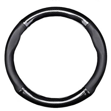 Imagem de Capa redonda e em forma de D de fibra de carbono e couro PU protetor de volante de carro adequado para volante de 37-38 cm de diâmetro (14,5-15 polegadas) de diâmetro (preto brilhante redondo)