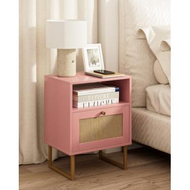 Imagem de Masupu Mesa de cabeceira de vime, mesa de cabeceira moderna de madeira boho com gaveta de armazenamento e prateleira aberta, mesa lateral pequena com moldura preta para quarto, sala de estar