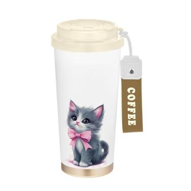Imagem de SEHANY Caneca de viagem de gato gatinho fofo de 482 g xícaras de café reutilizáveis revestidas de cerâmica com tampa à prova de vazamento, parede dupla, isolamento a vácuo, copo de café de aço