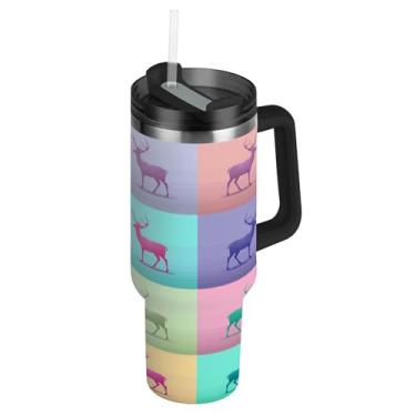 Imagem de ATTX Copo de silhuetas de rena de 1,134 g com alça, copo de aço inoxidável a vácuo de parede dupla com palha, caneca de café de viagem isolada #360