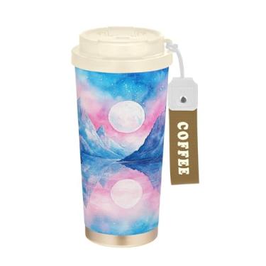 Imagem de SEHANY Caneca de viagem com paisagem de montanha em aquarela de 482 g, copos de café reutilizáveis revestidos de cerâmica com tampa à prova de vazamento, parede dupla, isolamento a vácuo, copo de café