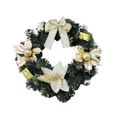 Imagem de Guirlanda Natalina Decorativa, 30x30 cm, com Folhagem Verde, Flores, Laço, Bolas e Presentes, em Cores Vermelho, Champagne e Dourado (Dourado)