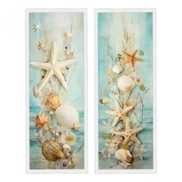 Imagem de Kit 2 Quadros Banheiro Lavabo Toalete, Mar, Concha Vidro- Decoração Costeira para Banheiro, Lavabo e Toalete(Branco)