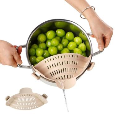 Imagem de Coador de panela de silicone, coador de pressão ajustável Emptycolor para panelas, escorredor de panelas resistente ao calor, escorredor de massa de cozinha para legumes e macarrão (bronzeado claro)