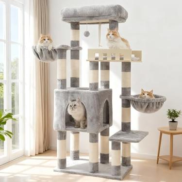 Imagem de Gitelsnour Árvore de gato para gatos grandes e adultos, árvore resistente para gatos grandes, condomínio para gatos com grande poleiro de madeira, torre para gatos com 14 postes para arranhar, rede