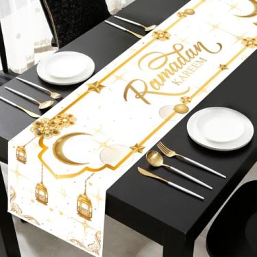 Imagem de Caminho de mesa Eid Mubarak, decorações Ramadan Kareem em ouro branco com estampa de flor mandela de lanterna, corredores de mesa de jantar de cozinha para decoração de feliz feriado islâmico e