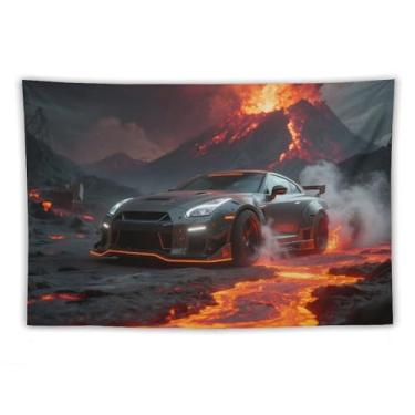 Imagem de HouLaiZhe JDM Tapeçaria de carro Guerreiro Preto R35 Vulcão Erupção Lava Wall Hanging Quarto Decoração de Casa Tapeçarias Estética Piquenique Decoração de Parede Arte de Parede para Dormitório Sala de