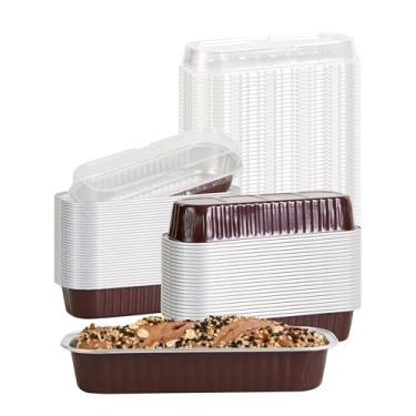 Imagem de Copos de cozinha premium de 200 ml com tampas – formas e tampas retangulares para pão de assar em alumínio retangular perfeitas para sobremesas ou minilanches chiques – Forma marrom com tampa transparente – Segura para forno e freezer – Reciclável – 100-CT