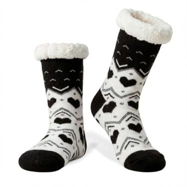 Imagem de LIGHT DOT Meias femininas de inverno com forro de lã de ovelha, estampa de coração nevado, antiderrapante, confortável, macia, quente, presente de Natal, Preto, 6-10