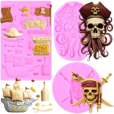 Imagem de MIYAHOUSE Moldes de silicone para fondant pirata para decoração de bolos, topo de cupcake, pasta de goma de chocolate, argila de polímero, conjunto de 3