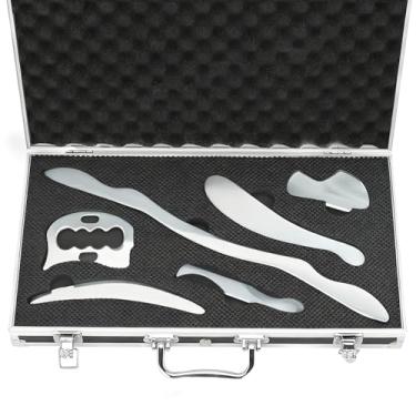 Imagem de tonchean Conjunto de ferramentas de raspador muscular IASTM de 6 peças, conjunto de ferramentas de massagem de raspagem Gua Sha, aço inoxidável, ferramenta de liberação miofascial, conjunto de