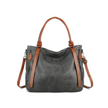 Imagem de myfriday Bolsa vintage despojada para mulheres, bolsa de ombro grande de couro vegano Hobo com alça ajustável, Cinza escuro