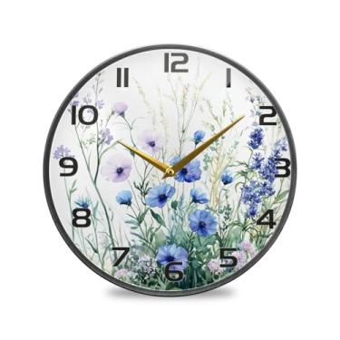 Imagem de YETTASBIN Relógio de parede acrílico azul verde flores silvestres - Silencioso, sem tique-taque, operado por bateria, relógio redondo decorativo criativo para cozinha, sala de estar, banheiro