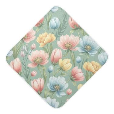 Imagem de Burbuja Toalha de banho para bebê com flores azuis rosa - Toalha com capuz de musselina macia e absorvente para recém-nascido, 76 x 76 cm