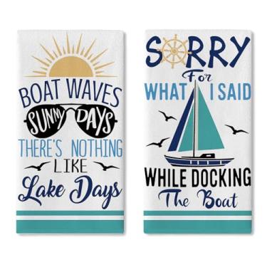 Imagem de Croar Conjunto de 2 panos de prato de cozinha Nautical Lake House, barco, ondas, dias ensolarados, veleiro, toalha de mão, secagem de gaivota, pano de cozinha, citações engraçadas, decoração de casa