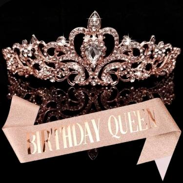 Imagem de Conjunto de faixa e tiara de strass "Birthday Queen" COCIDE faixa e tiara de aniversário em ouro rosa para mulheres kit de decoração de aniversário faixa de strass para meninas acessórios