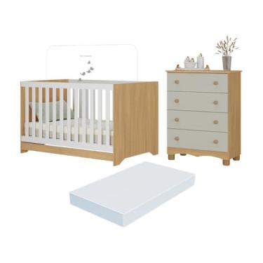 Imagem de Berço Americano 3 em 1 com Colchão Incluso e Cômoda 4 Gavetas Dengo Multimóveis Mp4702 Madeirado/off White