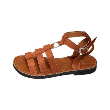 Imagem de Sandálias femininas de bico redondo romano casual praia primavera verão versátil EU 36-43 Reino Unido 3,5-7 EUA 5,5-9 comprimento do pé 23-26,7 cm, Marrom, 35
