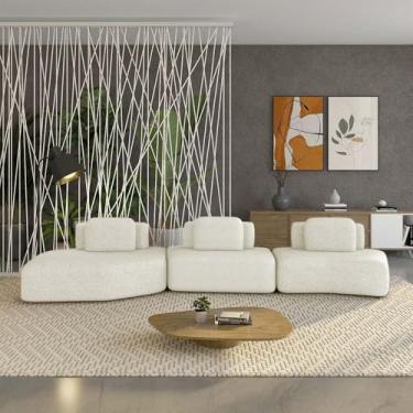 Imagem de Sofá Ilha Sala de Estar Dakota 3 Módulos 484cm Encostos Almofadas Soltas Bouclê Rústico Greige G33 - Gran Belo