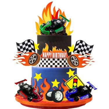 Imagem de Topo de bolo de carro de corrida, decoração de bolo, bandeira de roda, brinquedos de corrida para homem, menino, criança, festa de aniversário, tema de corrida, suprimentos de lembrancinha de festa de