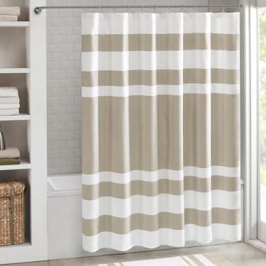 Imagem de Madison Park Cortina de chuveiro, trama waffle, cortina de chuveiro de tecido com design em peças com gerenciamento de umidade 3M Scotchgard, cortinas de chuveiro modernas de qualidade premium de spa