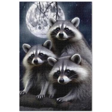 Imagem de Guaxinim Urso Lua Noite 1000 Peças Quebra-cabeça Adultos Decoração de Casa Arte Inverno Cena Quebra-cabeça Família Amantes Presentes, 75 x 40 centímetros