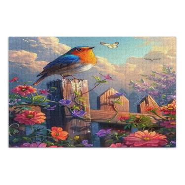 Imagem de Quebra-cabeça de pintura a óleo de um pássaro em uma cerca 1000 peças para adultos, jogos de quebra-cabeça com letras nas costas