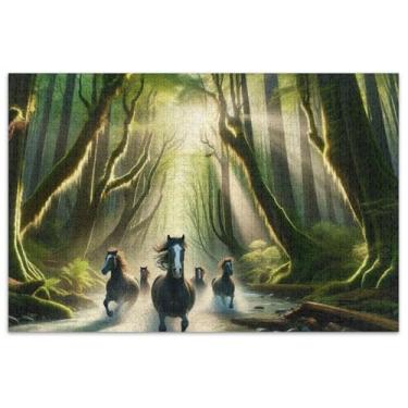 Imagem de Cavalos correndo Forest River 500 peças quebra-cabeças para adultos, amigos, família, jogos, presentes, quebra-cabeças rígidos para adultos, pintura colorida