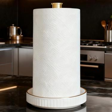 Imagem de VROOMIUM Suporte de toalha de papel, base dourada e cerâmica fácil de limpar, cabe em rolos duplos para a família, suporte de rolo de cozinha elegante e durável, luxuoso dourado