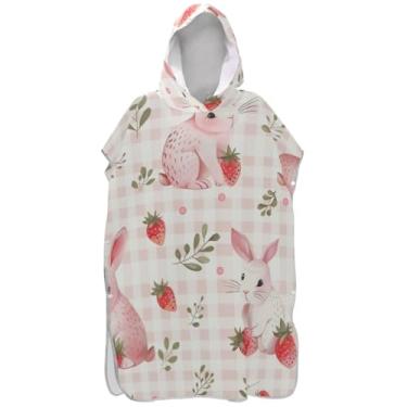 Imagem de Joisal Roupão para adultos poncho de surfe com capuz toalha de praia com capuz poncho masculino absorvente com capuz coelhos fofos morangos rosa
