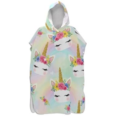 Imagem de Joisal Poncho de surfe para trocador adulto roupão de praia com capuz toalha de natação plus size ponchos de praia para homens lindos unicórnios arco-íris pastel