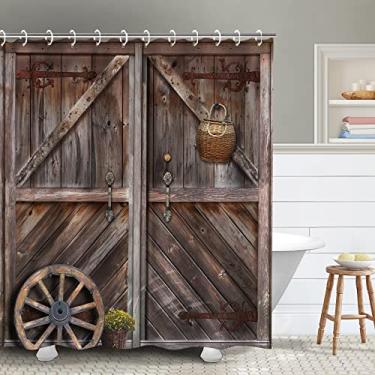 Imagem de RosieLily Cortina de chuveiro rústica para porta de celeiro, casa de fazenda, madeira com ganchos, 183 cm L x 183 cm A floresta marrom ocidental decoração de banheiro rústico de madeira
