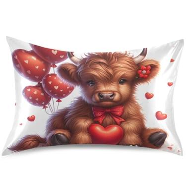 Imagem de Highland Cow Valentine Capa de almofada de cetim fofa padrão King Queen Capas de travesseiro com estampa de travesseiro refrescante antiderrapante para travesseiro sonolento, tamanho padrão, 66 cm x