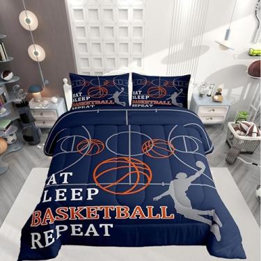 Imagem de Castle Fairy Conjunto de edredom solteiro de basquete, quadra de basquete, coleção de cama macia, jogos esportivos de bola, azul marinho, para quarto de meninos e meninas, 2 peças