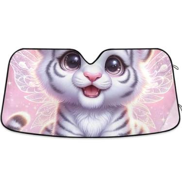 Imagem de Toldo de sol fofo rosa filhote de tigre personalizado para para-brisas de carro persianas dobráveis engraçadas para janelas frontais floral automotivo S, 134,6 cm x 59,7 cm