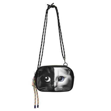 Imagem de TSENQUE Bolsa pequena tiracolo feminina preta e branca com rosto de gato bolsa de celular com estampa de animal bolsa de ombro pequena para viagem