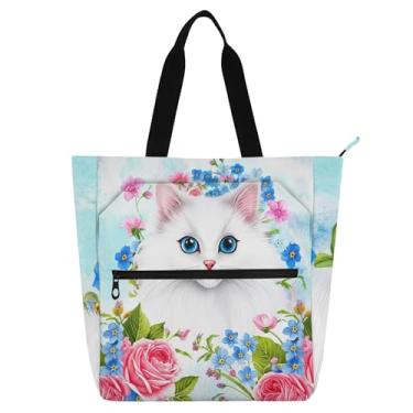 Imagem de Lindas bolsas de trabalho brancas com flores de gato para mulheres, bolsa de lona, praia, livros, zíper, carteiro, presente para amantes de livros
