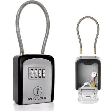 Imagem de Iron Lock Caixa de bloqueio de chave portátil com manilha de cabo removível para ambientes internos e externos, à prova d'água, código redefinível de 4 dígitos com chave A B para chaves sobressalentes