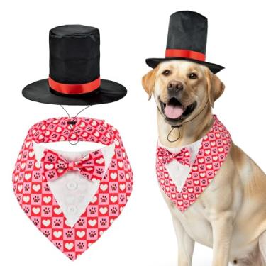 Imagem de ShuRung Conjunto de fantasia de cachorro com estampa de coração de Dia dos Namorados com estampa de pata de animal de estimação ajustável com chapéu preto com tema de amor para gatos, cachorrinhos