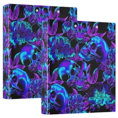 Imagem de Fichários de 3 anéis personalizados azul neon roxo caveiras flores 3 cm comporta 200 folhas, pastas, caderno, impressão, anel redondo, fichário de escritório, 31,5 x 27 x 6 cm, 1 pacote