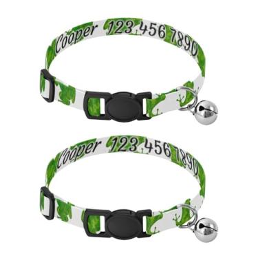 Imagem de Pacote com 2 coleiras personalizadas para cães pequenos de rã de camuflagem verde com nome e número de telefone, alça de pescoço de gato de encaixe seguro para pequenos animais de estimação e gatinhos