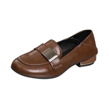 Imagem de Mocassins femininos de bico redondo com salto médio confortável e sola acolchoada grossa, feitos de poliuretano de qualidade em vários tamanhos., Marrom, 35