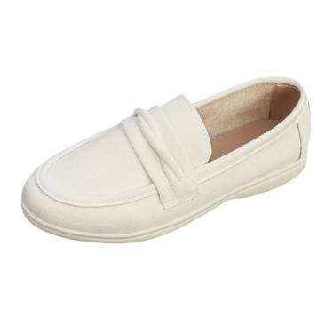 Imagem de Mocassins femininos fashion casual estilo primavera cor sólida boca rasa uso ao ar livre combina com tudo mocassins de um pé fundo plano bico redondo mocassim, Branco, 38