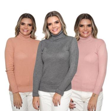 Imagem de Kit 3 Blusas Feminina Tricô Manga Longa Gola Alta Lã Inverno Casual - 